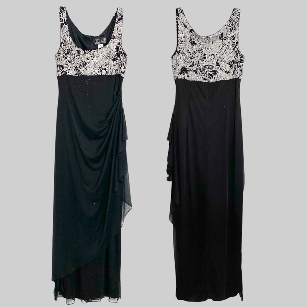 Alex Evenings Women's Black Empire Waist Glitter Ruched Gown Formal Dress Sz 12
